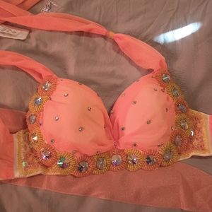 34b or 34a Jeweled Bra Orange Mermaid Costume Bollywood XS Mesh Aladdin Jasmine